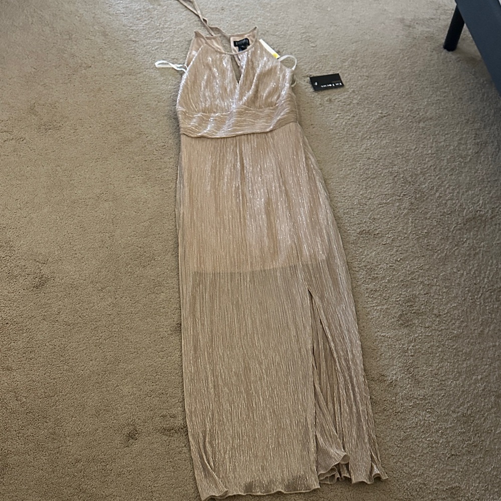 Enfocus Studio Metallic Champagne Pleated Maxi Dress with Side Slit